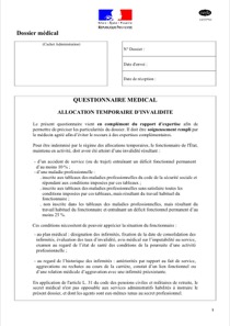 CERFA 14355-02 : Questionnaire médical - Allocation temporaire d'invalidité