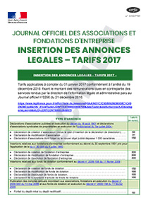 JOAFE Tarifs applicables 2017 insertion des annonces légales