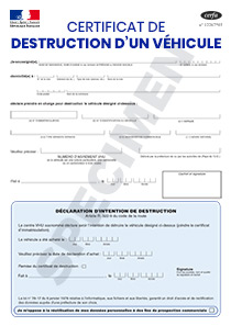 CERFA 14366-01 : Certificat de prise en charge de la destruction d'un véhicule