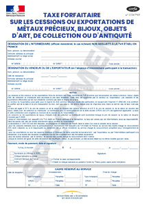 Formulaire 2091-SD ou CERFA 11294-10 Taxe forfaitaire sur les cessions ou exportations de métaux précieux, bijoux, objets d'art, de collection ou d'antiquité