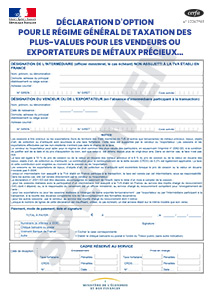 Formulaire 2092-SD ou CERFA 10251-15 Déclaration d'option pour le régime général de taxation des plus-values pour les vendeurs ou exportateurs de métaux précieux, bijoux, objets d'art, de collection et d'antiquité