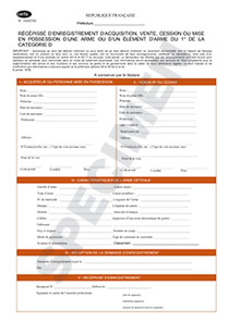 CERFA 14252-01 : Récépissé d'enregistrement d'acquisition, vente, cession ou mise en possession d'une arme