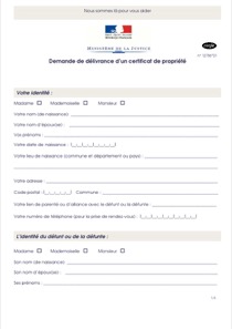 CERFA 12786-01 : Demande d'obtention d'un certificat de propriété